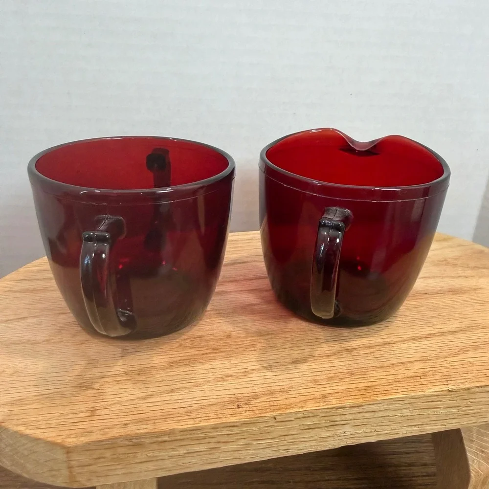Anchor Hocking Royal Ruby Red Glass Creamer Sugar Bowl Set Vintage Mid Century